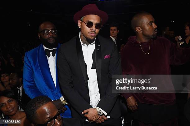 Recording Artists Rick Ross, Chris Brown and Kanye West attend The 57th Annual GRAMMY Awards at the STAPLES Center on February 8, 2015 in Los...