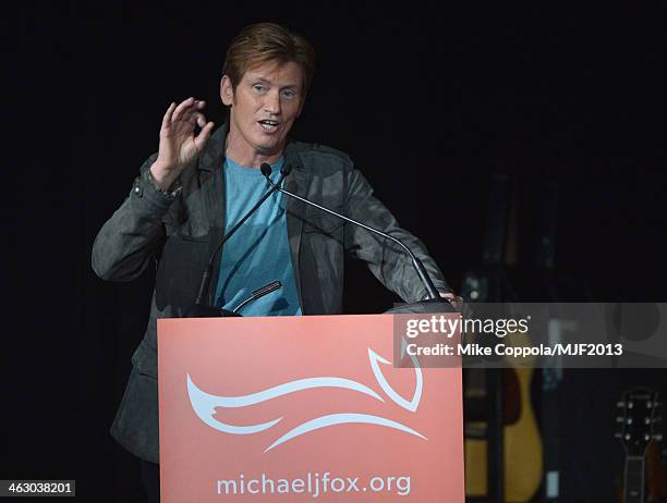 Host Denis Leary speaks at the 2013 A Funny Thing Happened On The Way To Cure Parkinson's event benefiting The Michael J. Fox Foundation for...