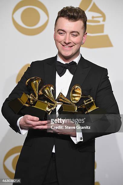 Sam Smith poses in the Deadline Photo Room during The 57th Annual GRAMMY Awards at the STAPLES Center on February 8, 2015 in Los Angeles, California.