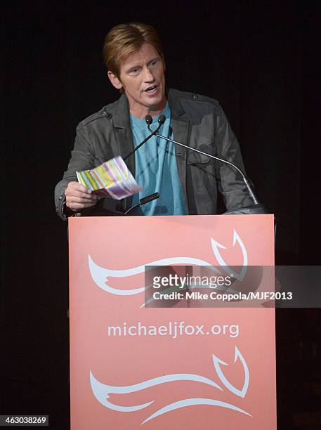 Host Denis Leary speaks at the 2013 A Funny Thing Happened On The Way To Cure Parkinson's event benefiting The Michael J. Fox Foundation for...