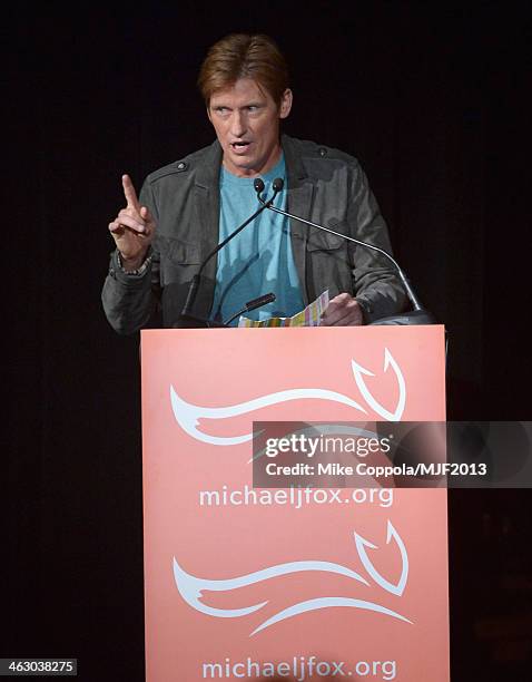 Host Denis Leary speaks at the 2013 A Funny Thing Happened On The Way To Cure Parkinson's event benefiting The Michael J. Fox Foundation for...