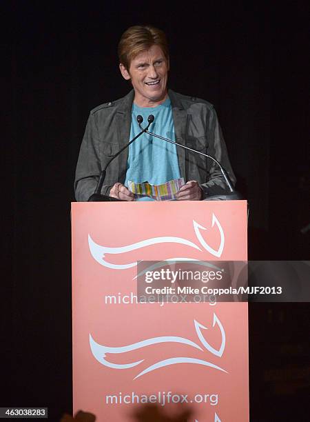 Host Denis Leary speaks at the 2013 A Funny Thing Happened On The Way To Cure Parkinson's event benefiting The Michael J. Fox Foundation for...