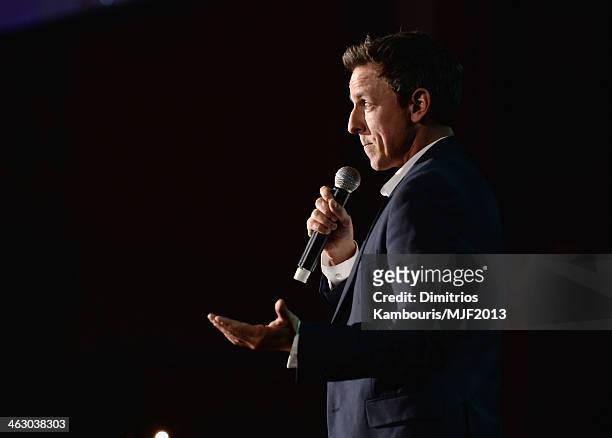 Comedian Seth Meyers performs at the 2013 A Funny Thing Happened On The Way To Cure Parkinson's event benefiting The Michael J. Fox Foundation for...