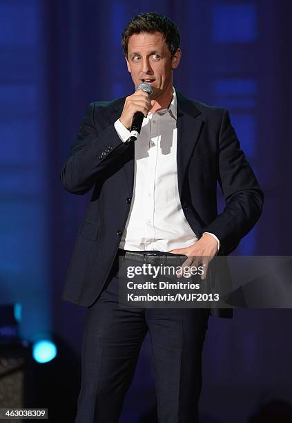 Comedian Seth Meyers performs at the 2013 A Funny Thing Happened On The Way To Cure Parkinson's event benefiting The Michael J. Fox Foundation for...