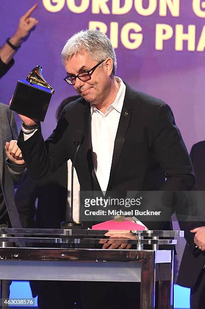Musician Gregg Field of Gordon Goodwin's Big Phat Band accepts the award for the Best Large Jazz Ensemble Album for 'Life in the Bubble' onstage at...