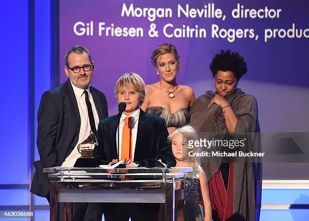 Director Morgan Neville, producer Caitrin Rogers, Vocalist Lisa Fischer and guests accept the Best Music Film award for '20 Feet from Stardom'...