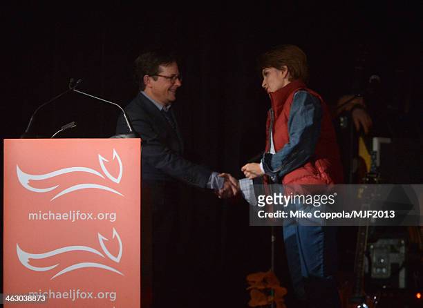 Michael J. Fox and Tina Fey speak at the 2013 A Funny Thing Happened On The Way To Cure Parkinson's event benefiting The Michael J. Fox Foundation...