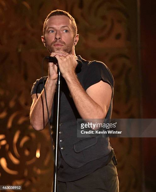 Recording artist Chris Martin onstage during The 57th Annual GRAMMY Awards at the STAPLES Center on February 8, 2015 in Los Angeles, California.