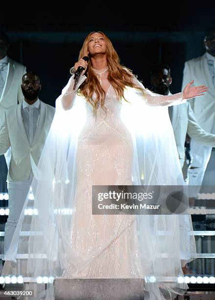 Singer Beyonce Knowles performs onstage during The 57th Annual GRAMMY Awards at the STAPLES Center on February 8, 2015 in Los Angeles, California.