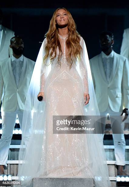 Singer Beyonce Knowles performs onstage during The 57th Annual GRAMMY Awards at the STAPLES Center on February 8, 2015 in Los Angeles, California.