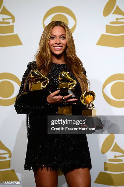 Beyonce poses in in the press room during The 57th Annual GRAMMY Awards at the STAPLES Center on February 8, 2015 in Los Angeles, California.