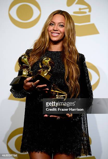 Beyonce poses in in the press room during The 57th Annual GRAMMY Awards at the STAPLES Center on February 8, 2015 in Los Angeles, California.