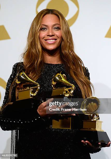 Beyonce poses in in the press room during The 57th Annual GRAMMY Awards at the STAPLES Center on February 8, 2015 in Los Angeles, California.