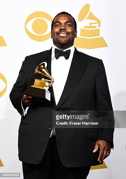 Record producer, songwriter and musician Rodney Jerkins poses with his Grammy for the song 'Stay With Me' poses in the press room during The 57th...