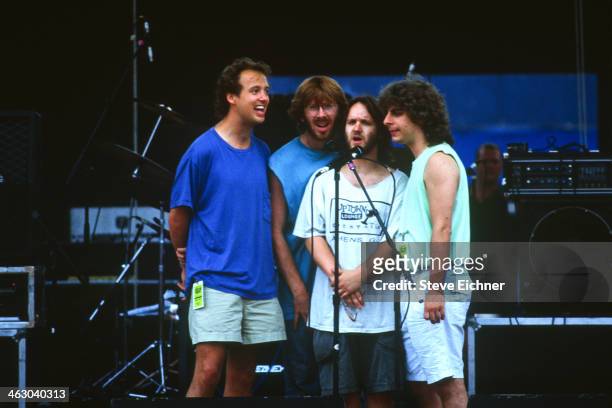 Members of the American band Phish harmonize at the HORDE Festival, Wantagh, New York, July 12, 1992. Pictured are, from left, Page McConnell, Trey...