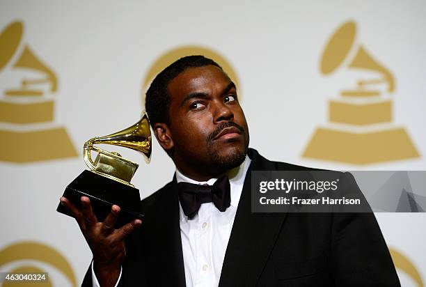 Record producer, songwriter and musician Rodney Jerkins poses with his Grammy for the song 'Stay With Me' poses in the press room during The 57th...