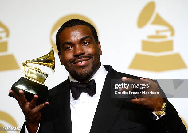 Record producer, songwriter and musician Rodney Jerkins poses with his Grammy for the song 'Stay With Me' in the press room during The 57th Annual...