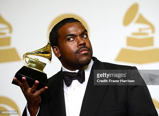 Record producer, songwriter and musician Rodney Jerkins poses with his Grammy for the song 'Stay With Me' in the press room during The 57th Annual...