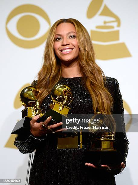 Beyonce poses in the press room during The 57th Annual GRAMMY Awards at the STAPLES Center on February 8, 2015 in Los Angeles, California.