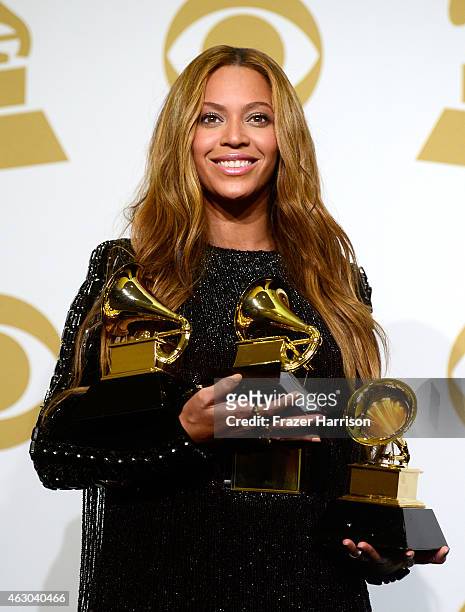 Beyonce poses in in the press room during The 57th Annual GRAMMY Awards at the STAPLES Center on February 8, 2015 in Los Angeles, California.