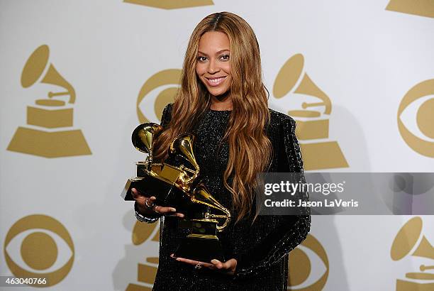 Beyonce poses in the press room at the 57th GRAMMY Awards at Staples Center on February 8, 2015 in Los Angeles, California.