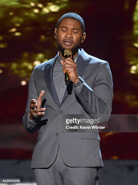 Singer Usher performs onstage during The 57th Annual GRAMMY Awards at the STAPLES Center on February 8, 2015 in Los Angeles, California.