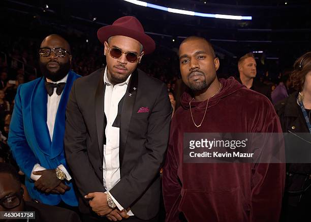 Rapper Rick Ross, recording artist Chris Brown and recording artist Kanye West attend The 57th Annual GRAMMY Awards at STAPLES Center on February 8,...