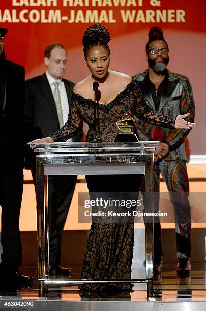 Singer Lalah Hathaway accepts Best Traditional R&B Song for 'Jesus Children' onstage during the The 57th Annual GRAMMY Awards Premiere Ceremony at...