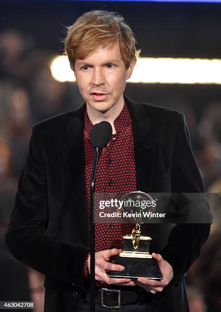 Recording artist Beck accepts the Best Rock Album award for 'Morning Phase' onstage during The 57th Annual GRAMMY Awards at the STAPLES Center on...