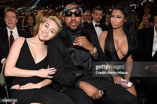 Recording artist Miley Cyrus, music producer Mike Will Made It, and recording artists, Nicki Minaj attend The 57th Annual GRAMMY Awards at STAPLES...