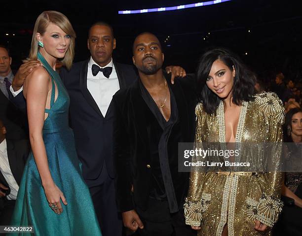 Recording Artists Taylor Swift, Jay Z and Kanye West and tv personality Kim Kardashian attend The 57th Annual GRAMMY Awards at the STAPLES Center on...