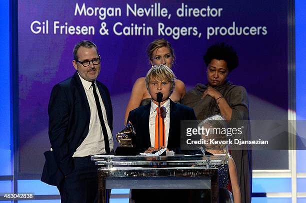 Director Morgan Neville, producer Caitrin Rogers, vocalist Lisa Fischer and guests accept the Best Music Film award for '20 Feet from Stardom'...
