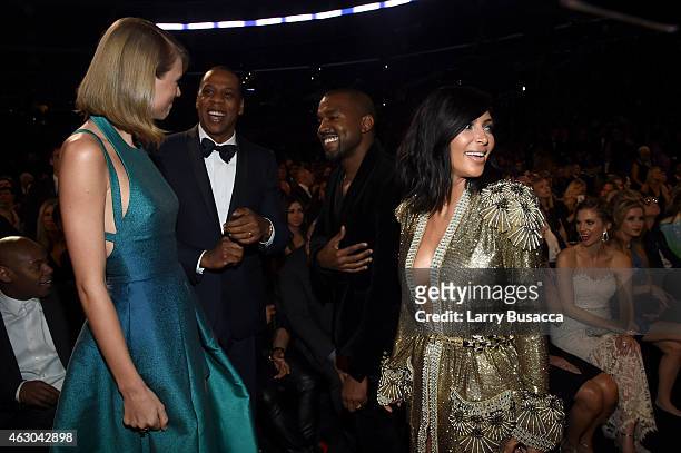 Recording Artists Taylor Swift, Jay Z and Kanye West and tv personality Kim Kardashian attend The 57th Annual GRAMMY Awards at the STAPLES Center on...