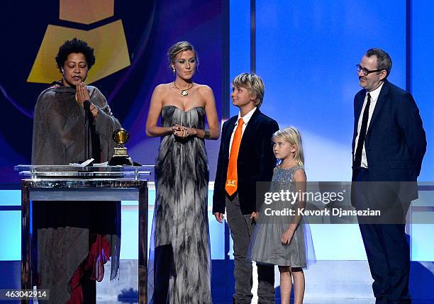 Vocalist Lisa Fischer, producer Caitrin Rogers, director Morgan Neville and guests accept the Best Music Film award for '20 Feet from Stardom'...