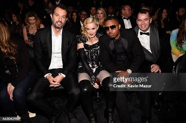 Manager Guy Oseary, Madonna and Nas attend The 57th Annual GRAMMY Awards at STAPLES Center on February 8, 2015 in Los Angeles, California.