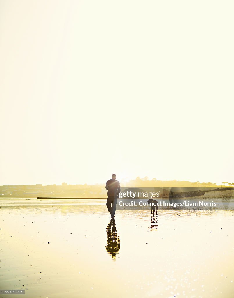 Man walking dog on beach