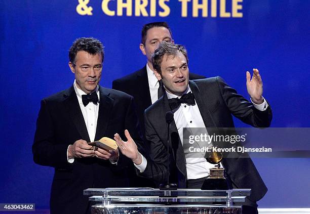 Musicians Edgar Meyer and Chris Thile accept Best Contemporary Instrumental Album for 'Bass & Mandolin' onstage during the The 57th Annual GRAMMY...