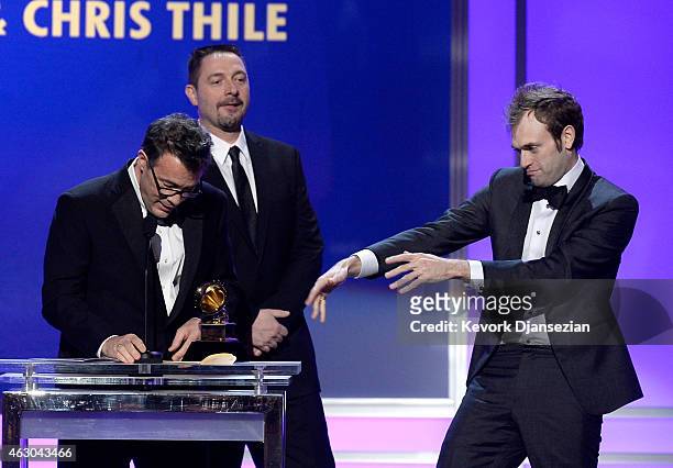 Musicians Edgar Meyer and Chris Thile accept Best Contemporary Instrumental Album for 'Bass & Mandolin' onstage during the The 57th Annual GRAMMY...