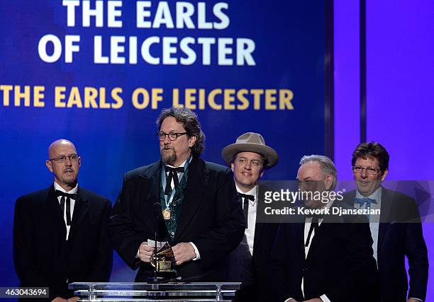 Musician Jerry Douglas and The Earls of Leicester accept Best Bluegrass Album for 'The Earls of Leicester' onstage during the The 57th Annual GRAMMY...
