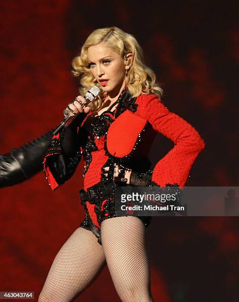 Madonna performs onstage during The 57th Annual GRAMMY Awards at STAPLES Center on February 8, 2015 in Los Angeles, California.