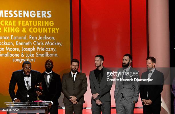 Rapper Lecrae and For King and Country accept Best Contemporary Christian Music Performance/Song for 'Messengers' onstage during the The 57th Annual...