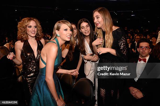 Abigail Anderson and recording artists Taylor Swift, Alana Haim, Danielle Haim and Este Haim of Haim attend The 57th Annual GRAMMY Awards at STAPLES...