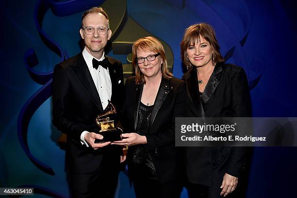 Winners for Best Historical Album, mastering engineer Michael Graves, producer Cheryl Pawelski, and Chair of the National Board of Trustees of the...