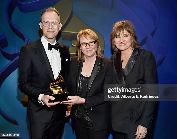 Winners for Best Historical Album, mastering engineer Michael Graves, producer Cheryl Pawelski, and Chair of the National Board of Trustees of the...