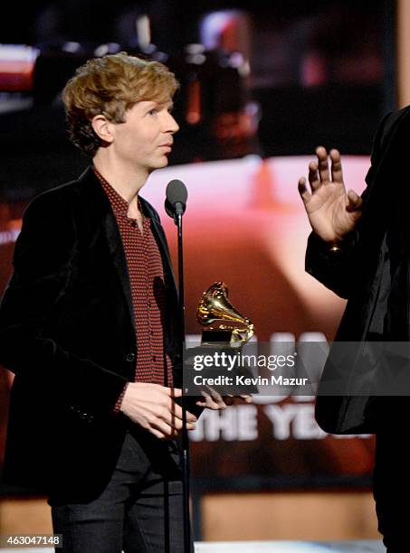 Musician Beck and Kanye West speak onstage during The 57th Annual GRAMMY Awards at the STAPLES Center on February 8, 2015 in Los Angeles, California.