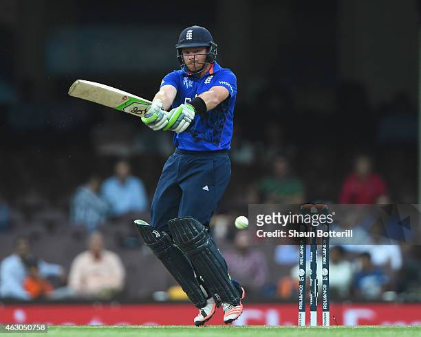 Ian Bell of England plays a shot on during the ICC Cricket World Cup warm up match between England and the West Indies at Sydney Cricket Ground on...