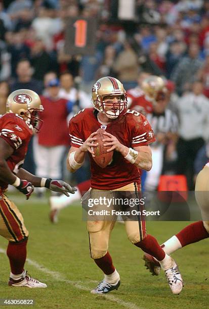 Jeff Garcia of the San Francisco 49ers drops back to pass against the New York Giants during the NFC Wildcard game January 5, 2003 at Candlestick...