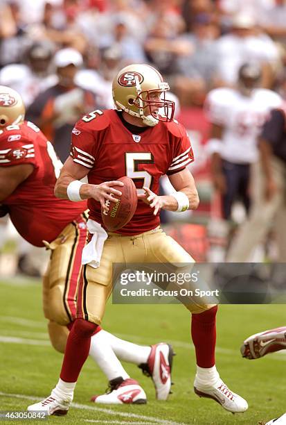 Jeff Garcia of the San Francisco 49ers drops back to pass against the Chicago Bears during an NFL Football game September 7, 2003 at Candlestick Park...