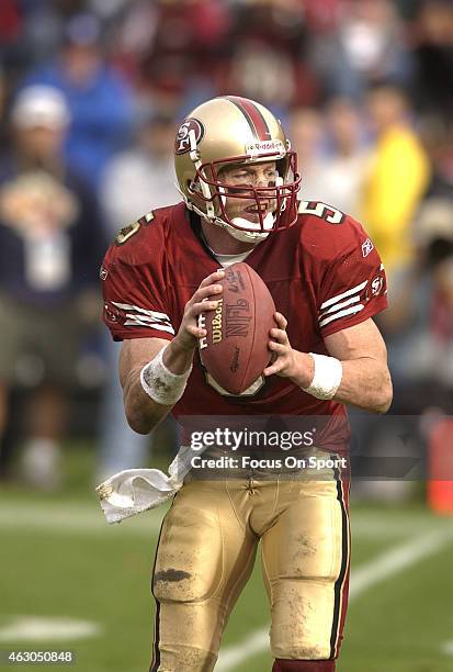 Jeff Garcia of the San Francisco 49ers looks to pass against the Kansas City Chiefs during an NFL Football game November 10, 2002 at Candlestick Park...