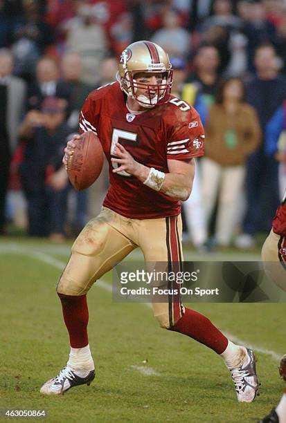 Jeff Garcia of the San Francisco 49ers drops back to pass against the New York Giants during the NFC Wildcard game January 5, 2003 at Candlestick...